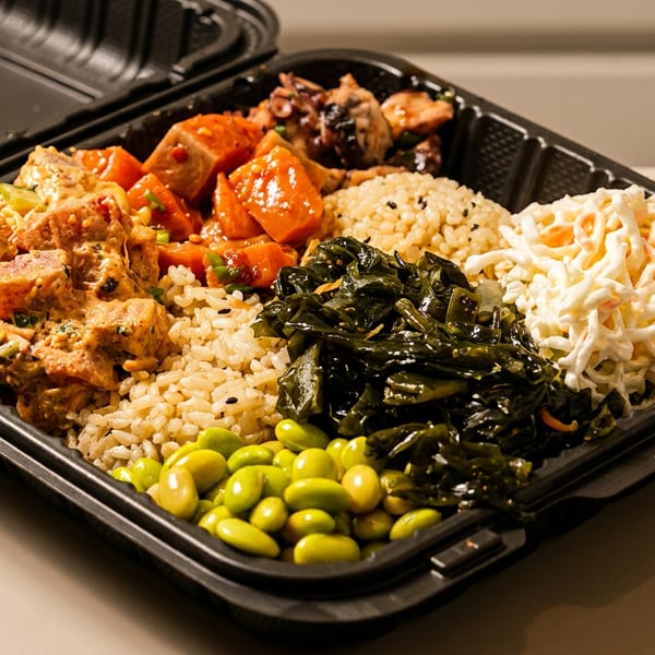 A black takeout container filled with various poke bowl ingredients, including rice, fish, seaweed, and edamame.