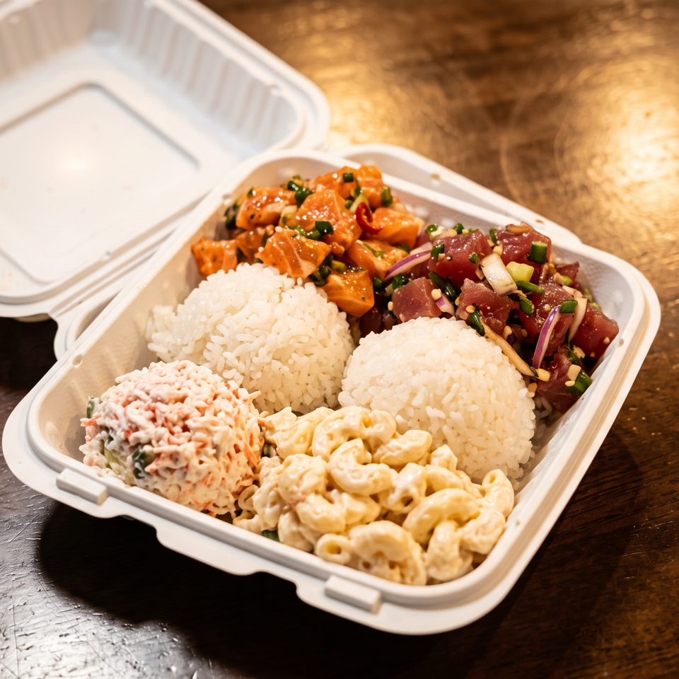 Takeout container filled with white rice, spicy salmon and tuna poke, macaroni salad, and creamy side dishes on a wooden table.